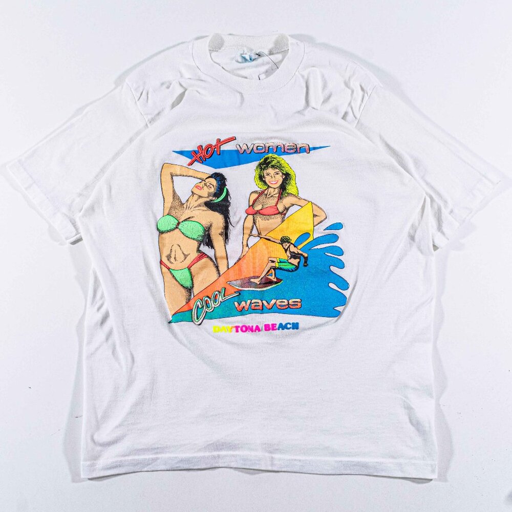 Vintage 80s Hot Women Cool Waves T-Shirt Medium M Single Stitch Cal Cru Neon